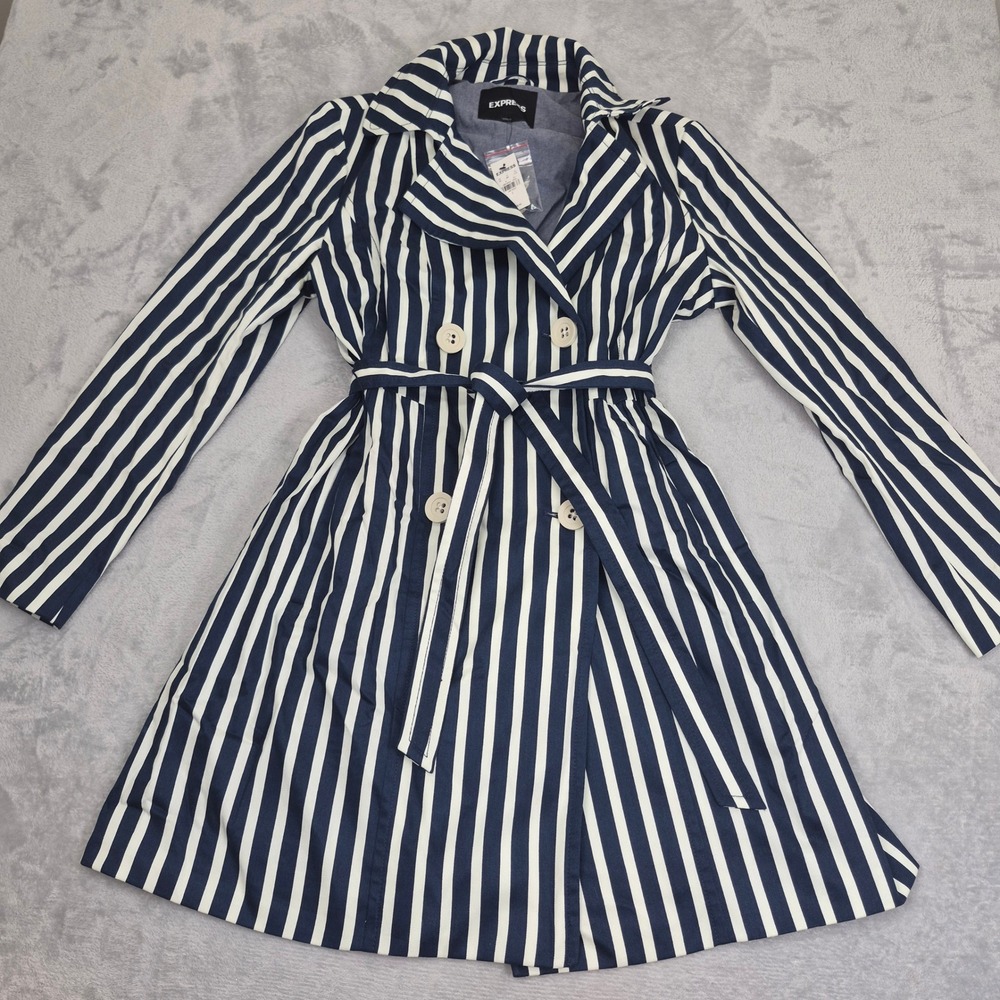 Express Womens Navy Blue White Striped Double Breasted Trench Coat Belted Large - Picture 2 of 11